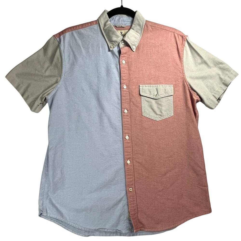 American Eagle Mens L Colorblock Button Down Shirt Blue Red Gray Preppy Casual